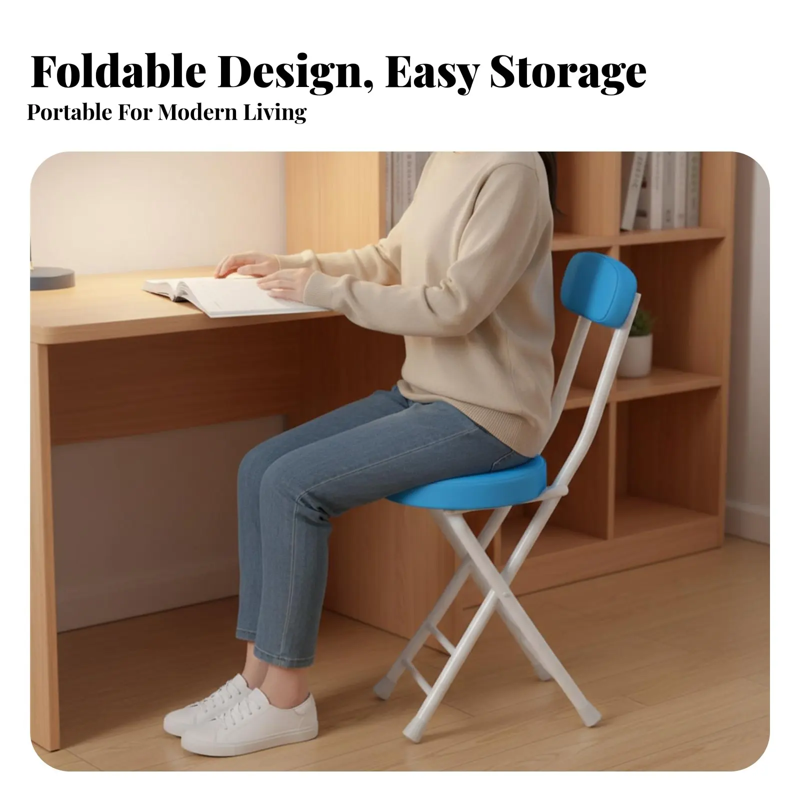 

Складной круглый табурет с мягкой обивкой, компактный, с X-образной рамой, не требует сборки, минималистичный дизайн для студентов