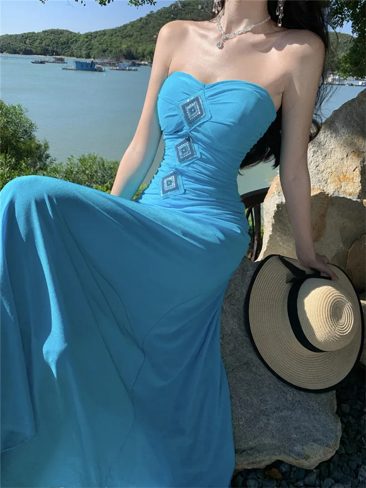 

Lake Blue Strapless Summer Holiday Fashion Beach Long Dress Bohemian Style Women Slash Neck Sleeveless Slim A Line Maxi Dress