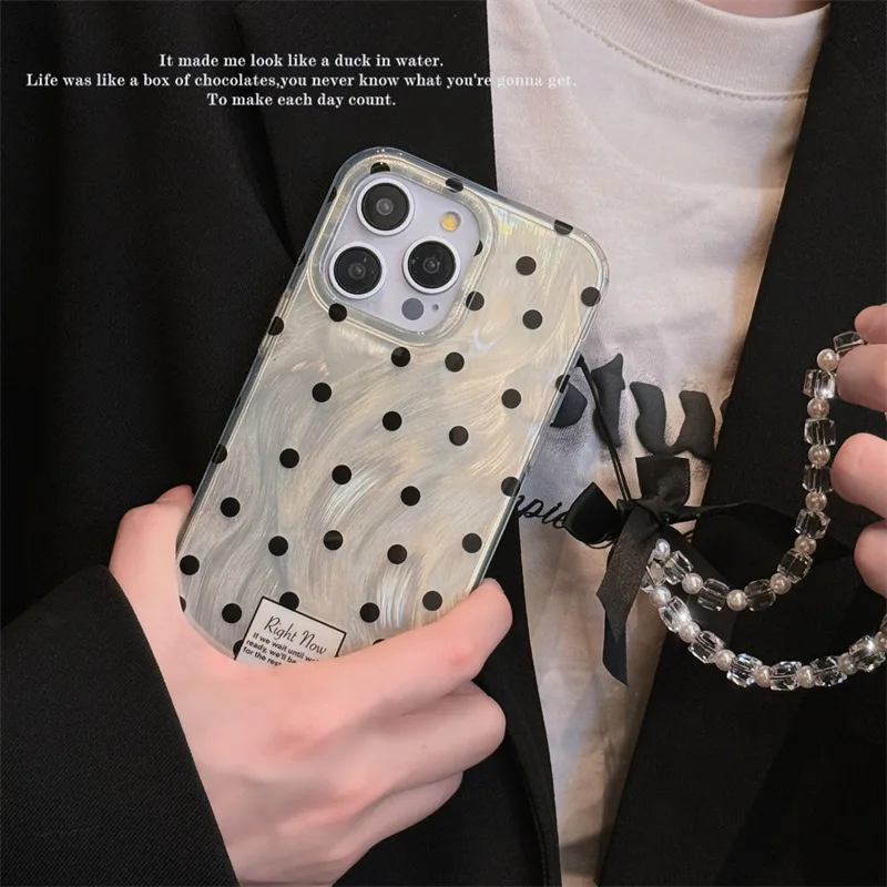 Hyundai Sweet Cool Style Polka Dot Phone Case for iPhone 15 Pro Max 14 Pro 13 12 11 with Crystal Hand Chain Protective Case