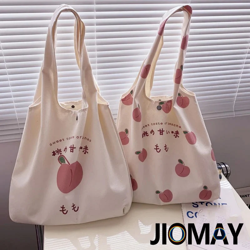 JIOMAY Cute Strawberry Tote Bag Aesthetic for School Girls Purses Shopper Designer Handbag Women Peach Print Eco Shoulder Bags