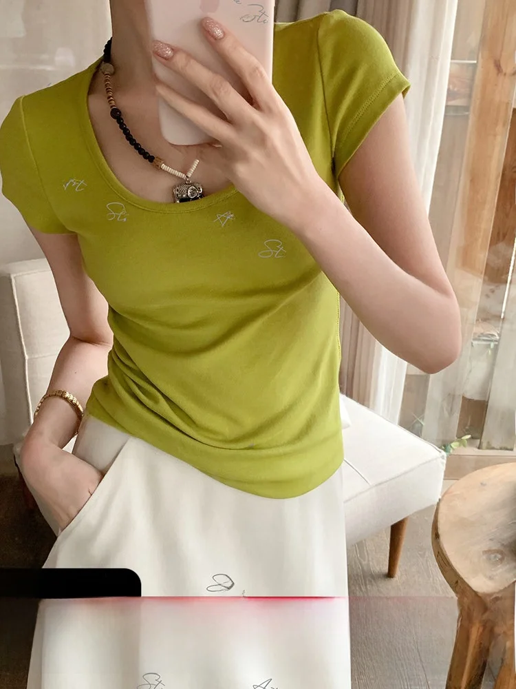 

Dopamine Color Series U-Neck Slim Fit Skin-friendly Summer Casual Cotton T-shirt Women's Simple Versatile Cartoon Top