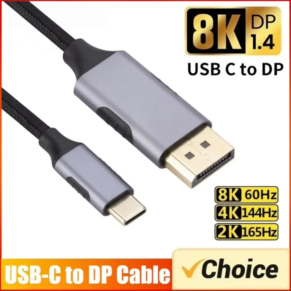 Type C to DisplayPort 1.4 Cable 8K60Hz 144Hz High Resolution Video Cable Thunderbolt 3/4 Supported for Notebook Screen Projector