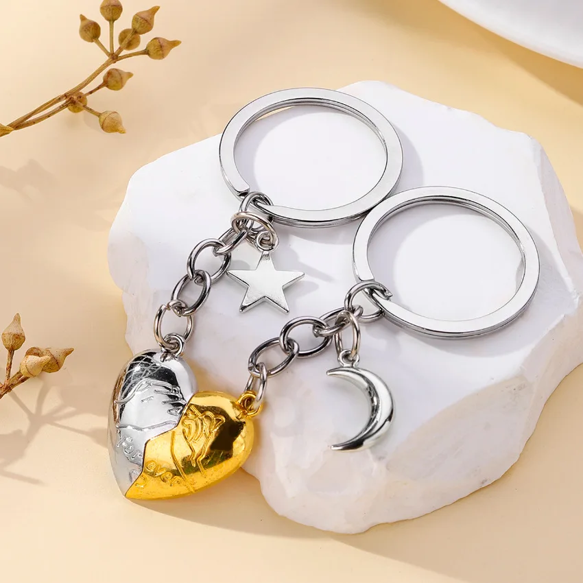 Creative Magnet Keychain Couple Alloy Heart Star Moon Pendant Sweethearts Backpack Car Keyring Decoration Valentine's Day Gift