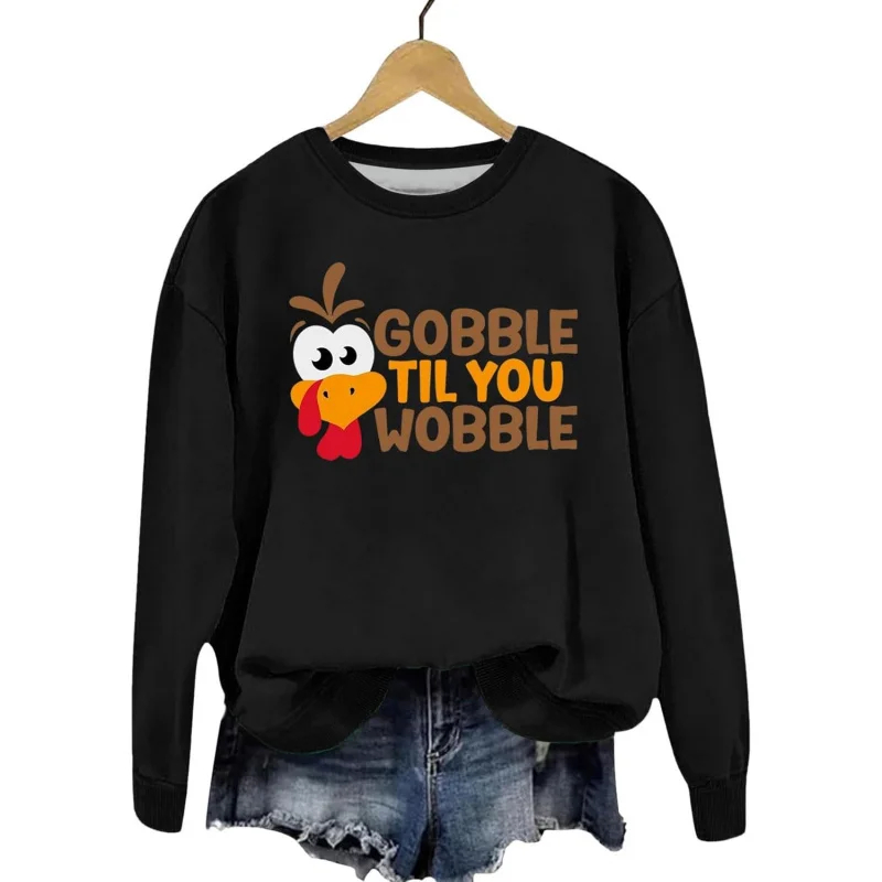 Thanksgiving Turkey Sweatshirt Women's Round Neck Fun Chicken Pattern Gratitude Blessing T-shirt Top