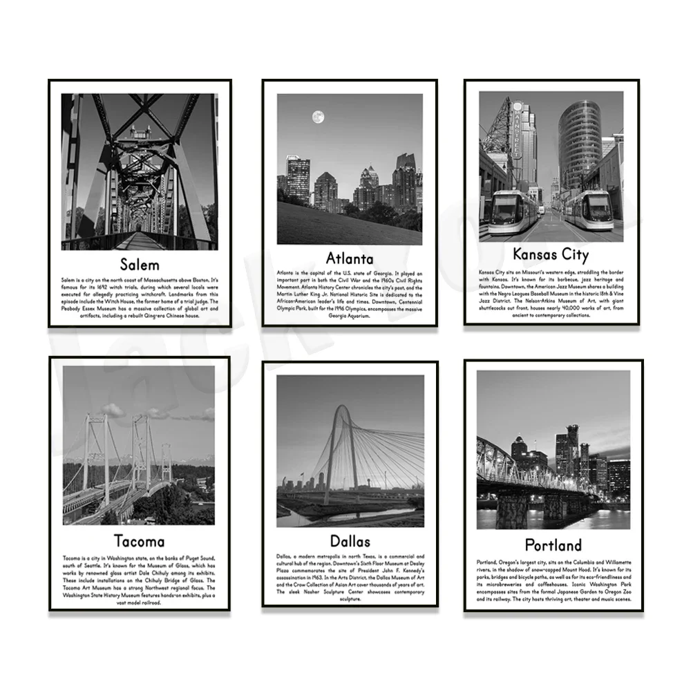 Black and white travel posters for New Orleans, Washington DC, Tacoma, Dallas, Portland, Miami, Kansas, Atlanta, Nashville, Sale