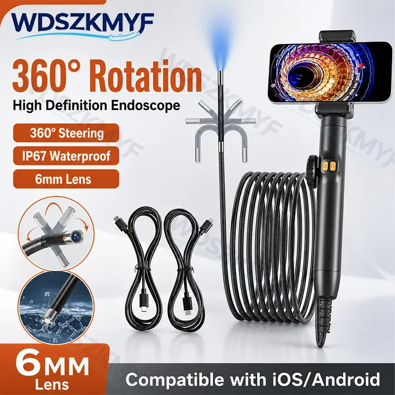 2026 New 6MM Endoscope Camera with Adjustable LEDs Two-Way 360 ° Rotating Flexible Inspection Borescope HD 1080P for ios Android