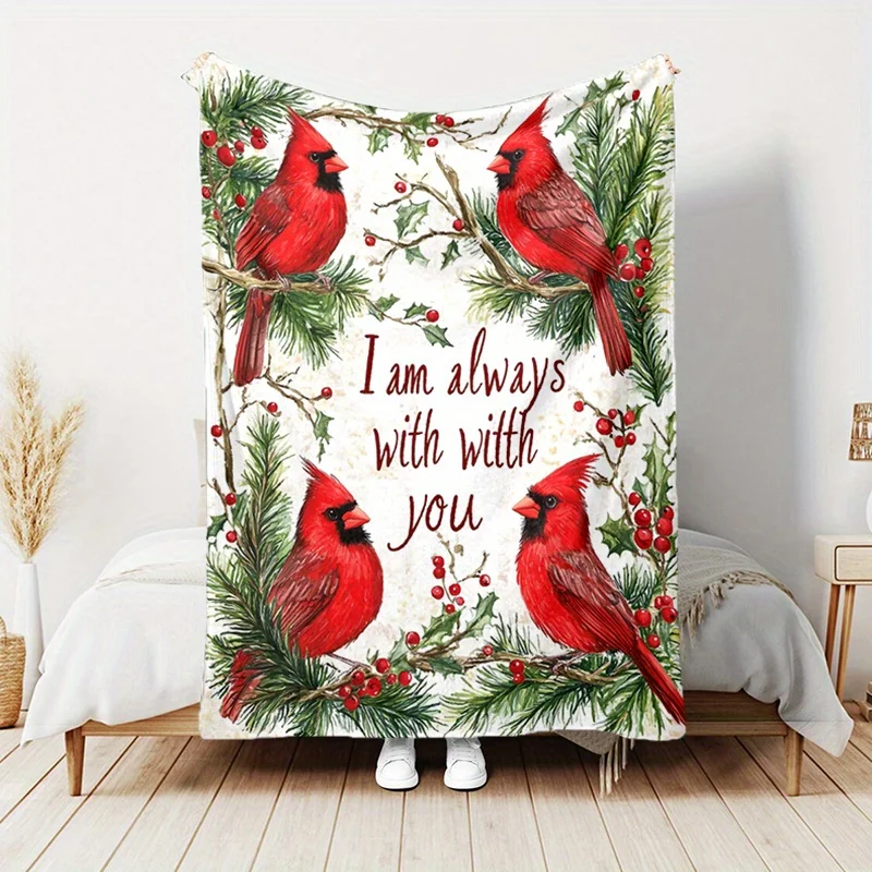 1pc Vintage Red Cardinal Birds & Berries Flannel Blanket - All Seasons Soft Polyester Throw with 