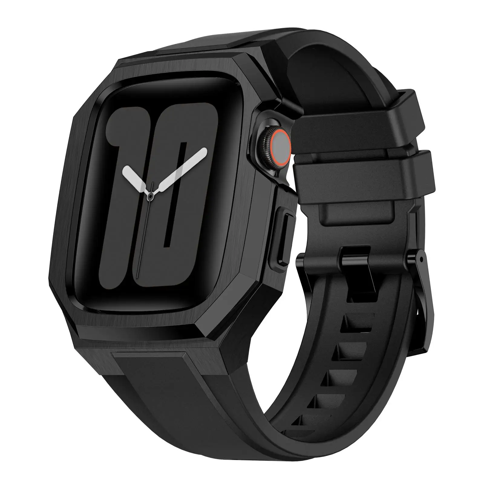 for-apple-watch-series-11-10-46mm-stainless-steel-protective-case-integrated-fluororubber-watch-band-black