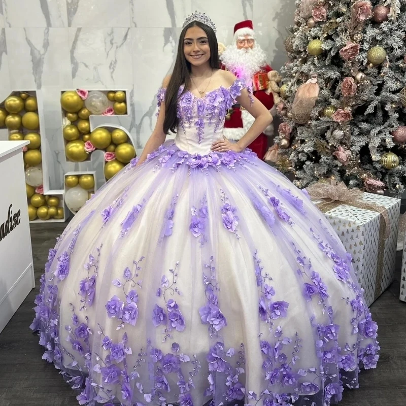 Lavender Off The Shoulder Ball Gown Quinceanera Dresses For Girls Beaded 3D Flowers Birthday Party Gowns Lace Up Back Graduation