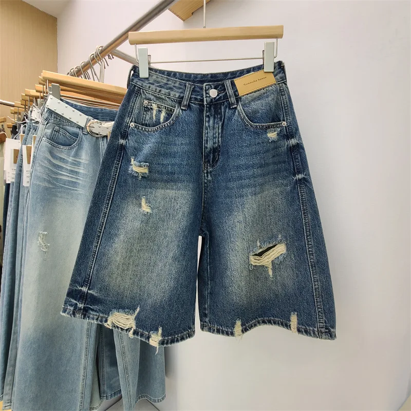 Straight Ripped Denim Shorts for Women 2026 Summer Non Stretchy Loose Wide Leg Five Length Pants Female Casual Shorts