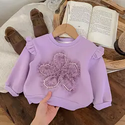 Girls Velvet Tops Winter New O-neck Long Sleeved Pullover Baby Girls' Beaded Flower Tops Korean Thicked Warm Sweatshirt