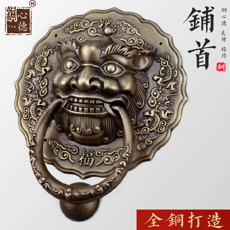 A pair Asia home house mansion courtyard FENG SHUI protection exorcise evil spirits entrance door gate LIONS Knocker Door handle