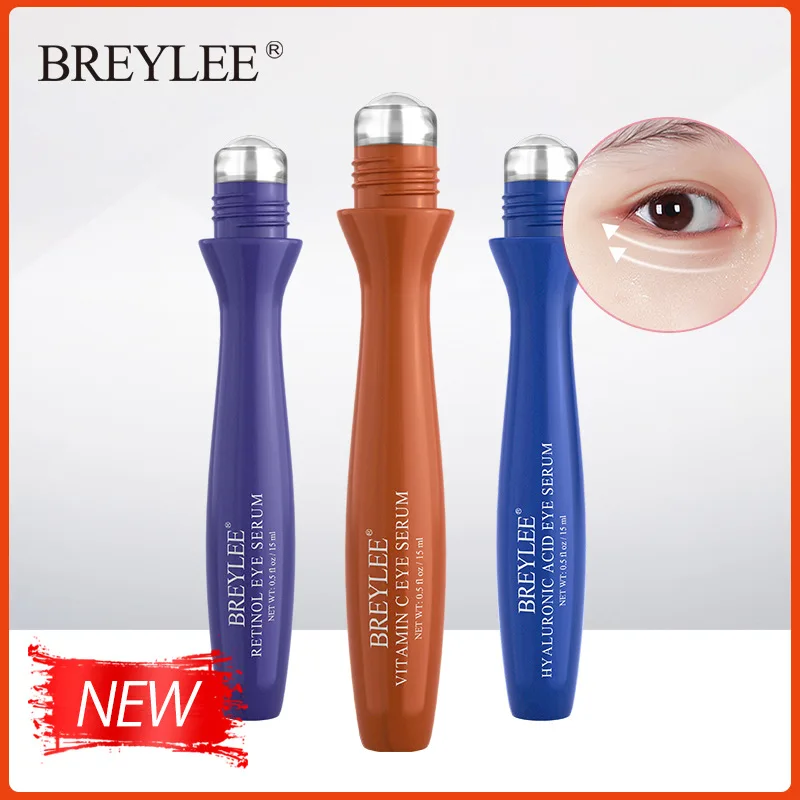 BREYLEE-suero para ojos con rodillo para masaje, crema hidratante con vitamina C, ácido hialurónico, Retinol, bolsas para el cuidado de la piel, círculos oscuros, 15ml