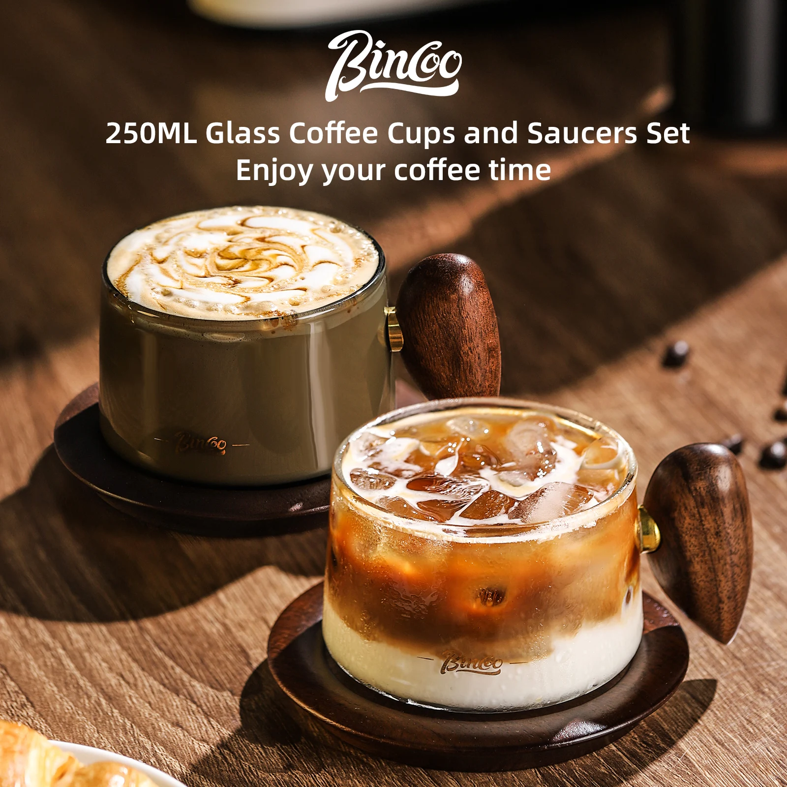 

BINCOO 250ml Glass American Latte Coffee Cup With Plate High Borosilicate Glass Heat-resistant Milk Tea Cup Coffee Mug Barista