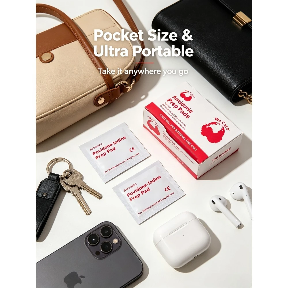 Povidone-Iodine Alcohol Swabs, a Travel Essential, Used for Wound Disinfection. Individually Wrapped. Made of Non-Woven Fabric