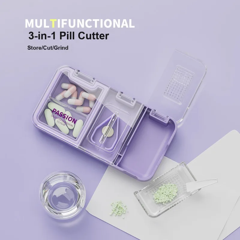 Pill Splitter Portable Pill Case for Cutting Tablets Into Two Pieces Grinding Medicine Powder Storing Pills for On-the-go Use