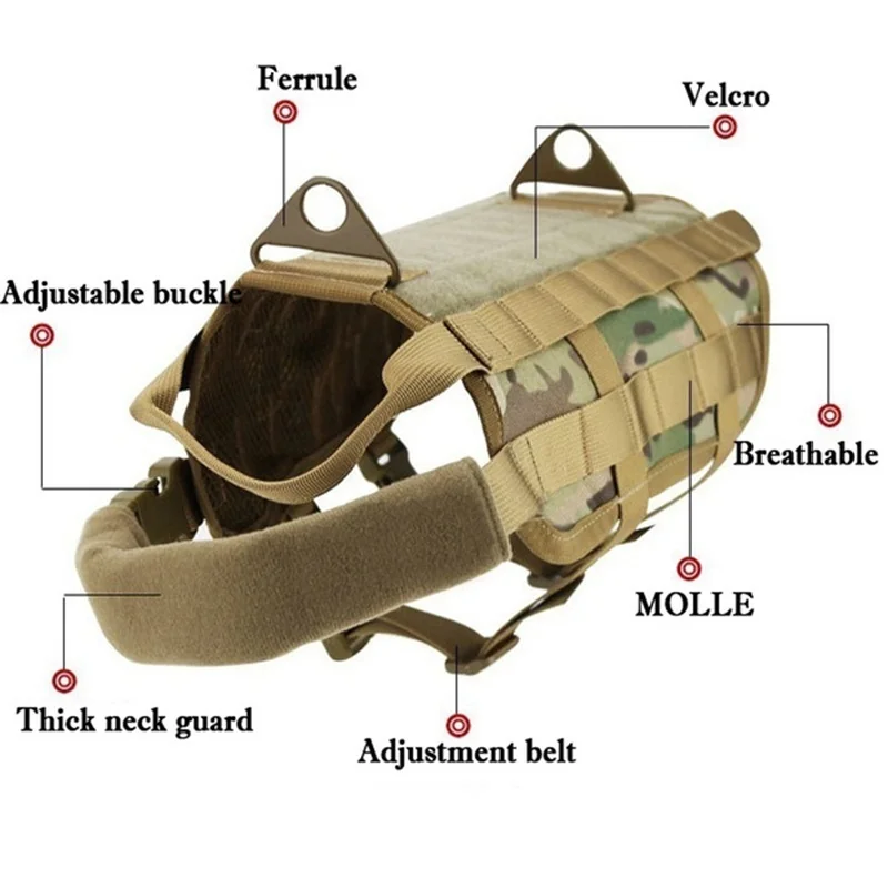 Tactical No Pull Dog Harness K9 Vest, Adjustable Dog Leash, Molle Medical Bag, Training, Hunting, Pet, Small, Medium, Large