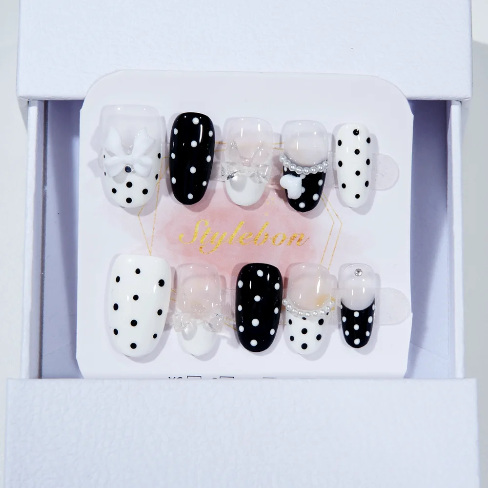 

10Pcs Handmade Press on Nail Almond French Polka Dot Bow Full Coverage Nail Tips for Women&Girl Detachable Wearable Nail Art