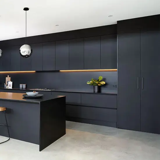Black High Glossy Lacquer Modular Kitchen Cabinet Set, Marble Countertop, Faucet, Modern Design, Soft Close Hardware