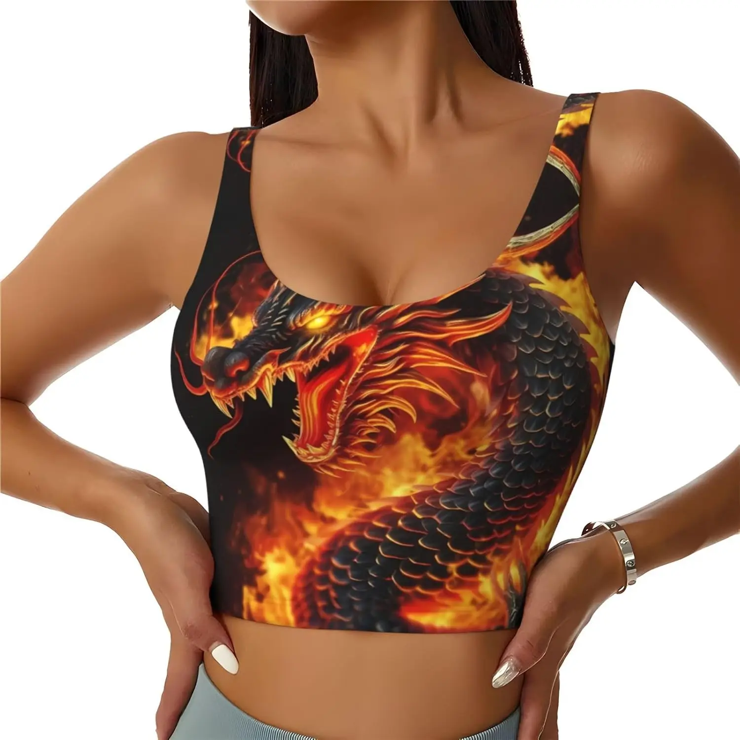 Fire มังกรจีนพิมพ์ผู้หญิงกีฬาเสื้อกั๊กเต้นรําโยคะเสื้อกั๊กพิมพ์กีฬา Bra Top Vest