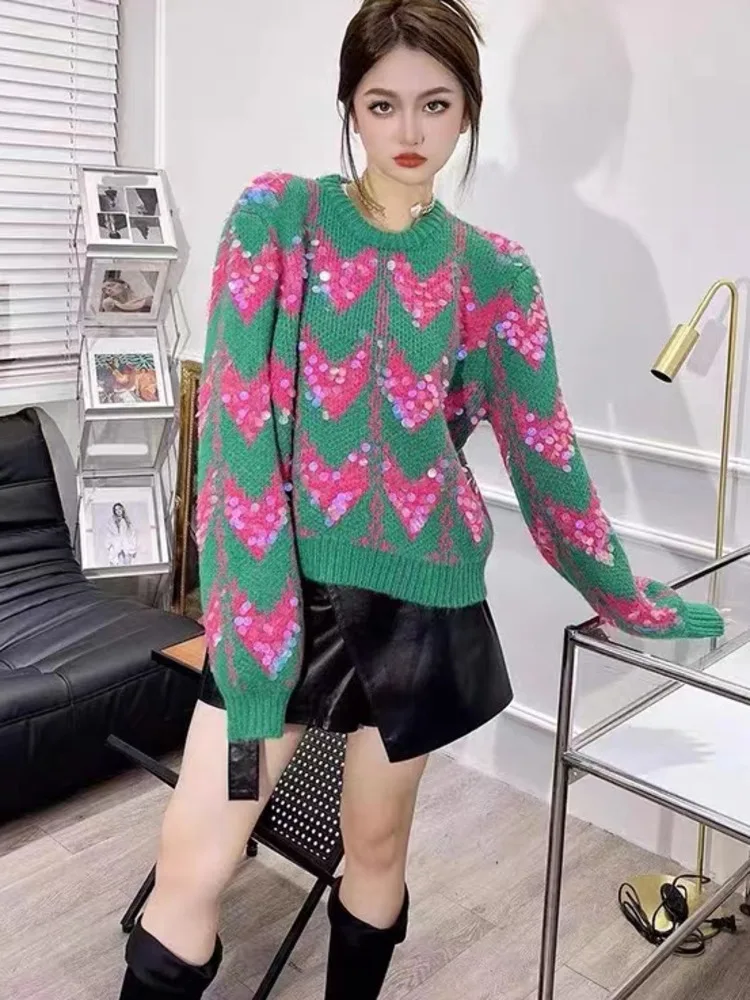 Vintage Patchwork Sequins Knitted Pullover Sweater Women O-Neck Knitted Jumper 2023 Autumn Winter Long Sleeve Knitwear Tops