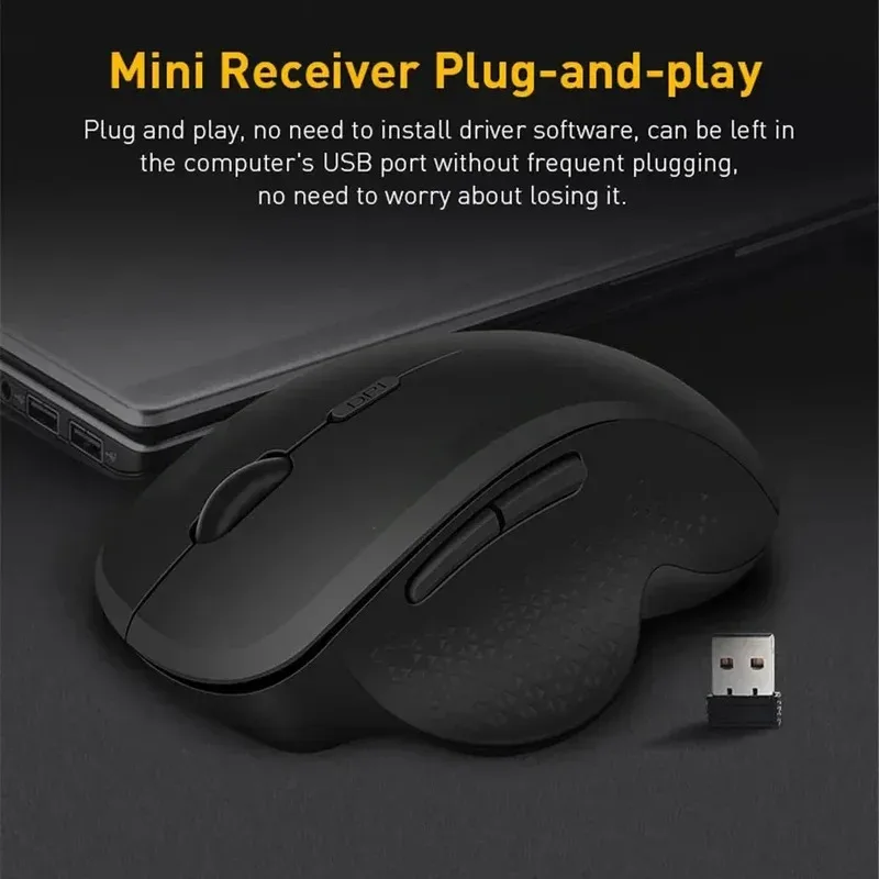 Ergonomic Wireless Mouse: 2.4GHz, 6 Buttons Optical 1600DPI Rechargeable Wireless Bluetooth Mouse