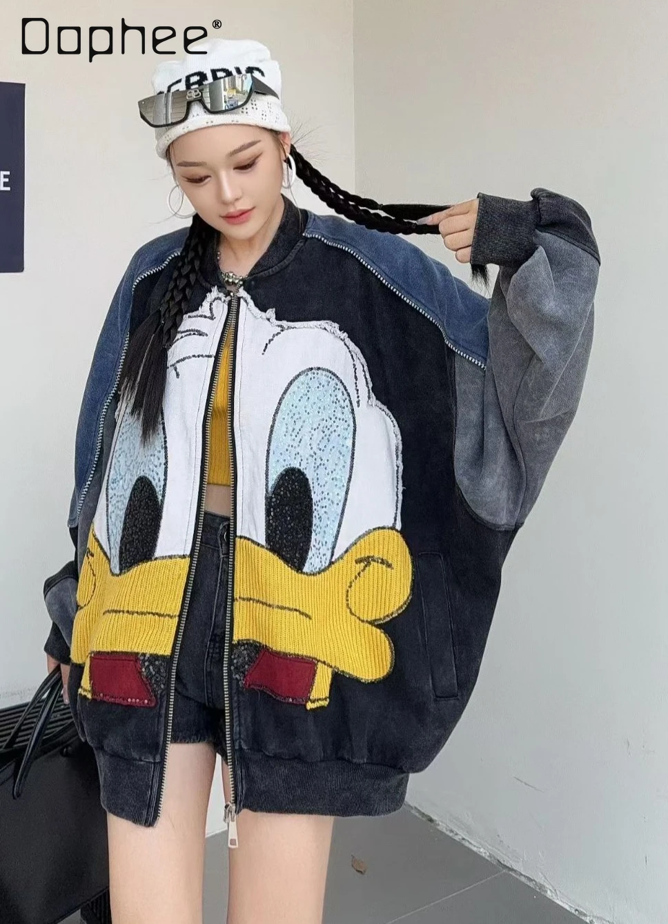 Heavy Industry Patchwork Duck Cartoon Baseball Jacket for Women Spring Autumn Heavy Industry Embroidery Jacket Trendy Brand