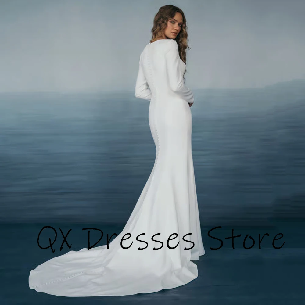 Aangepaste vierkante kraag witte jersey trouwjurk volledige mouwen sweep trein bruidjurk split a-lijn vloerlengte trouwjurk