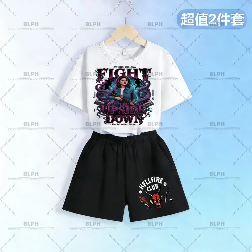 

Детский хлопковый комплект из футболки и шорт Stranger Things Nancy The Upside Down, детская летняя уличная одежда