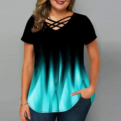 Plus Size damska z gradientem z dekoltem w szpic tunikowe bluzki damska z krótkim rękawem letnia luźny T-Shirt odzież wysokiej jakości 2023