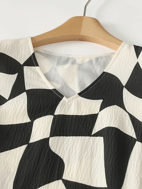 Verão geométrico blo impressão v-ne scvel feminino dr legal solto sentimento de seda emagrecimento a linha longo dr