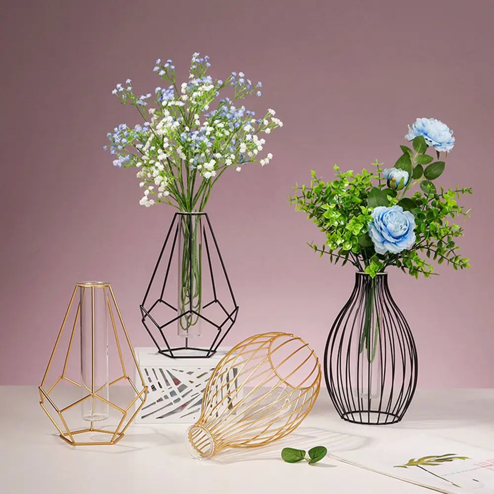 Retro Iron Art Vase Nordic Wrought Iron Glass Vase Black Gold Colors Hydroponic Flower Vase Geometric Line Frame Home Decoration