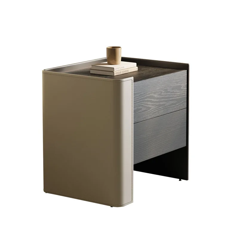 

Italian light luxury solid wood bedside table leather saddle leather smoked color bedside table