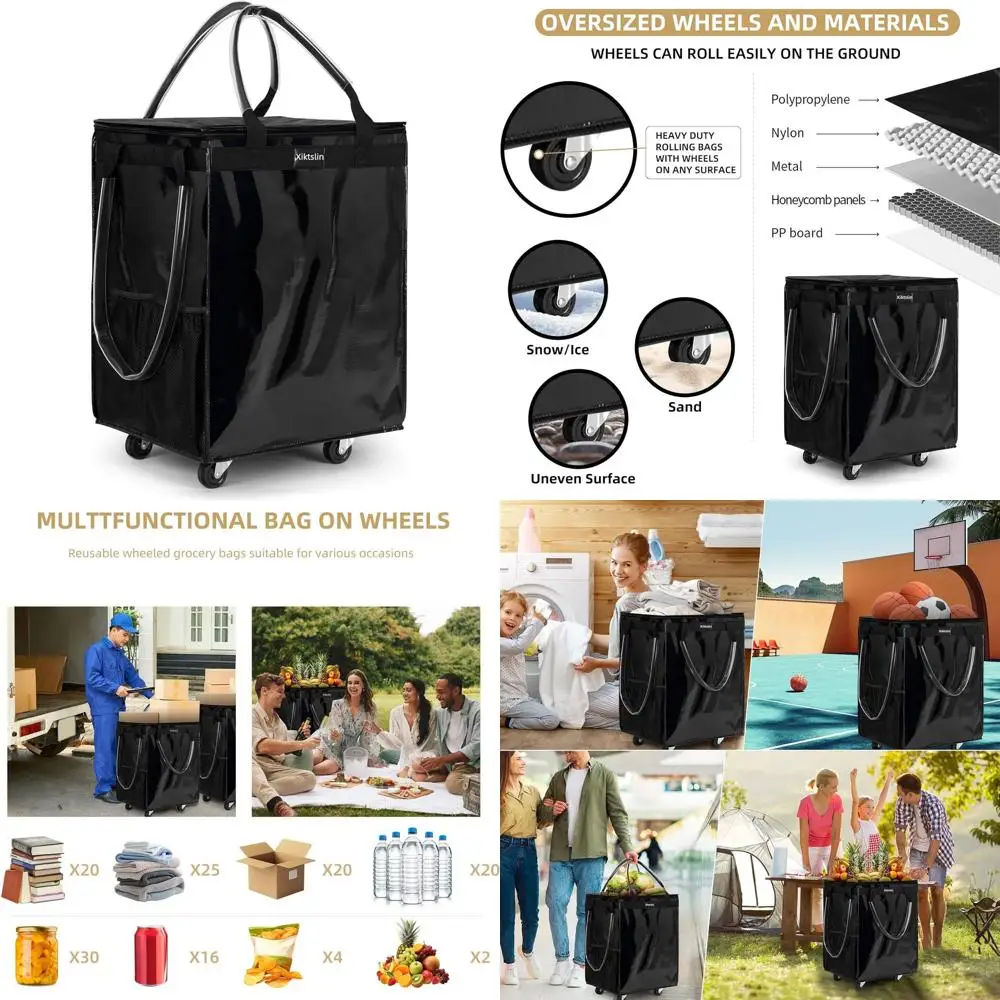 

Сумка-тележка для продуктов среднего размера, черная, на 4 колесах, с 3 ручками, выдерживает до 30 кг, на молнии.