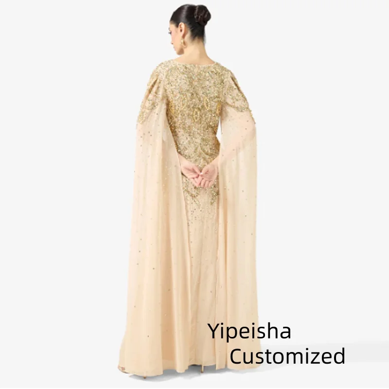 Maßgeschneiderte Luxus-Abendkleider mit V-Ausschnitt und Kristallen, Chiffon-Pailletten mit Cape-Ärmeln, formelles Abendkleid, knöchellanges Kleid