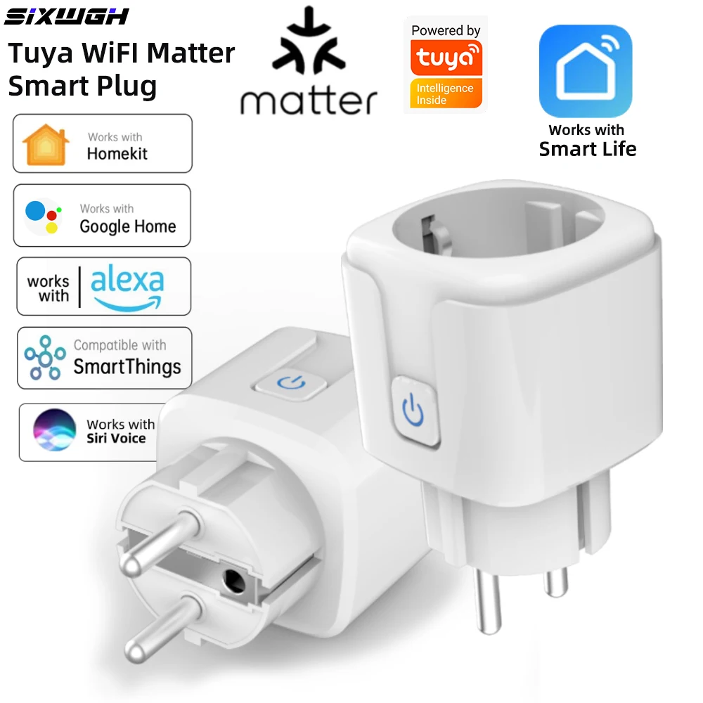 20A Tuya WiFi Matter Smart Socket EU Plug with Energy Monitor Compatible with Smart Life App Homekit Siri Alexa Google Home