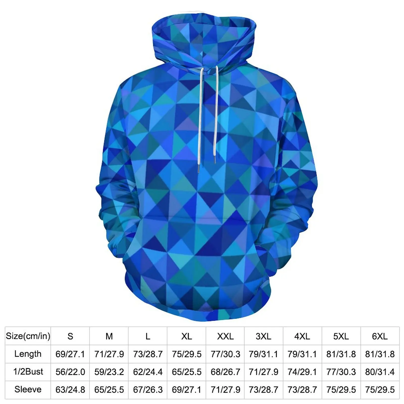 Blue Geo Print Casual Hoodies Long Sleeve Abstract Triangle Trendy Hoodie Spring Loose Custom Oversized Hooded Sweatshirts