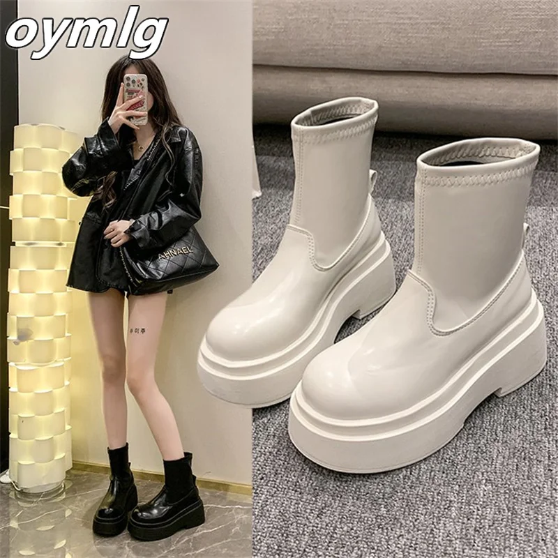 Black mid heeled short tube chimney boots for women2024autumn new style thick sole height increasing versatile sleeve slim boots