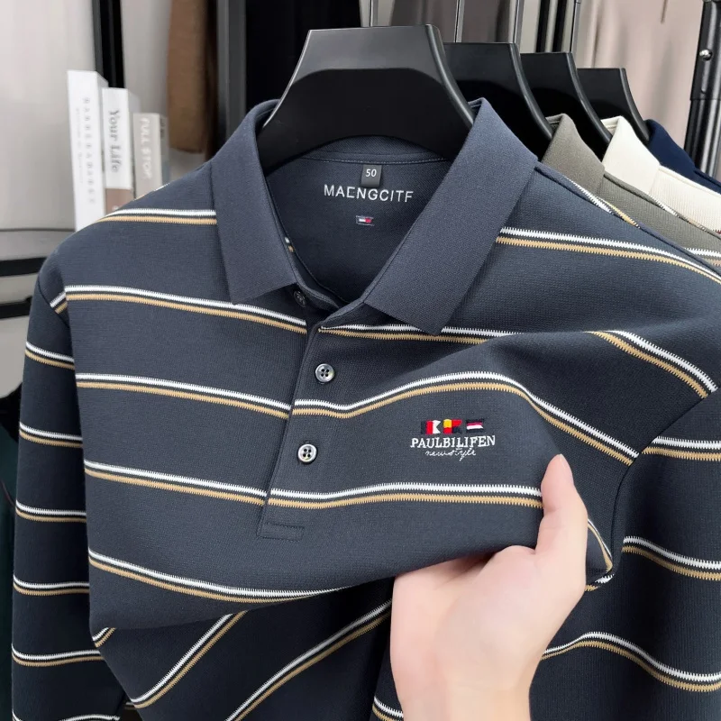 Luxury Brand Man Long-Sleeved Polo Shirt Lapel Stripe Button Letter Embroidery Winter New Tops Business Casual Hot Mens Clothing