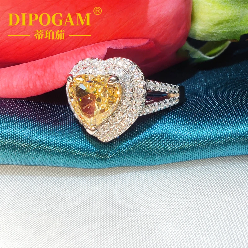 

Кольцо в форме сердца из чистого серебра 925 пробы с желтым бриллиантом, импортное кольцо с муассанитом, комплект из 2 карат, модное свадебное кольцо с бриллиантом