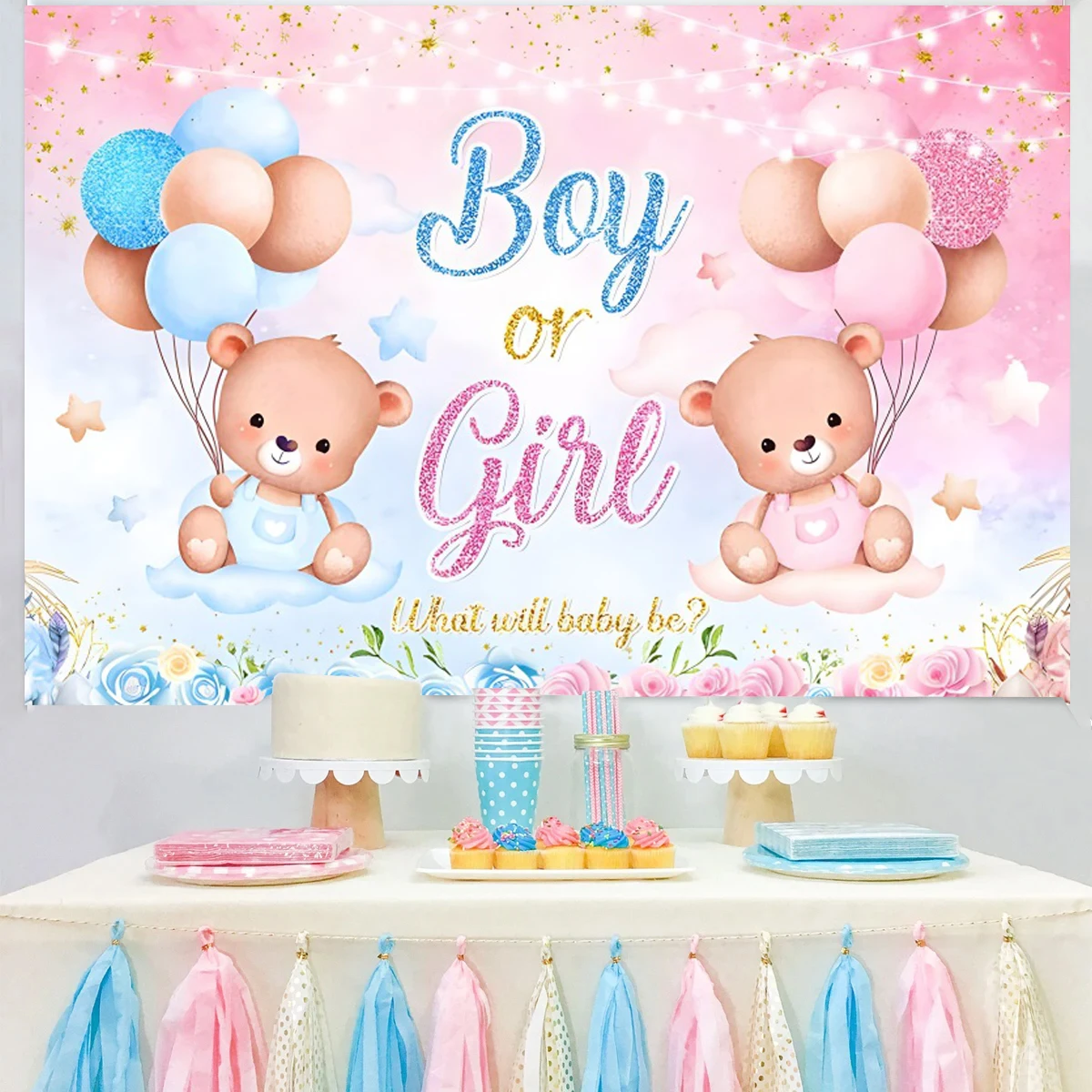 

Gender Reveal Party Photography Backdrops Boy Or Girl Baby Shower He Or She Bear Balloons Decor Background for Photo Studio