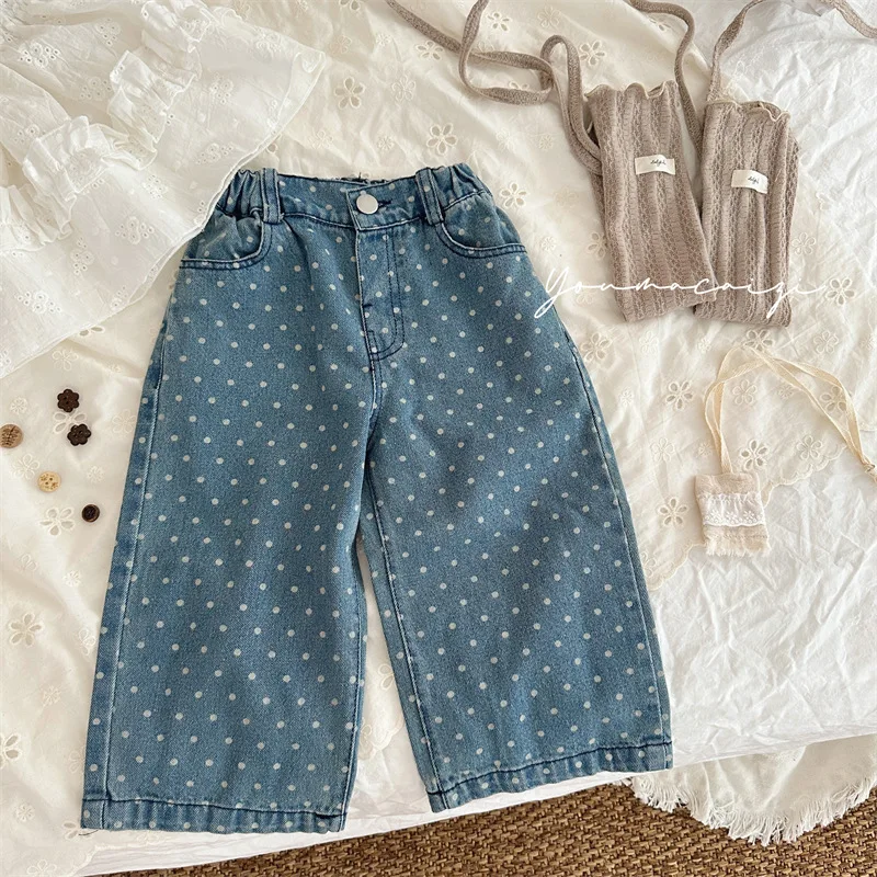 2026 New Autumn Children Wide Leg Denim Pants Korean Style Polka Dot Printed Baby Girls Casual Jeans