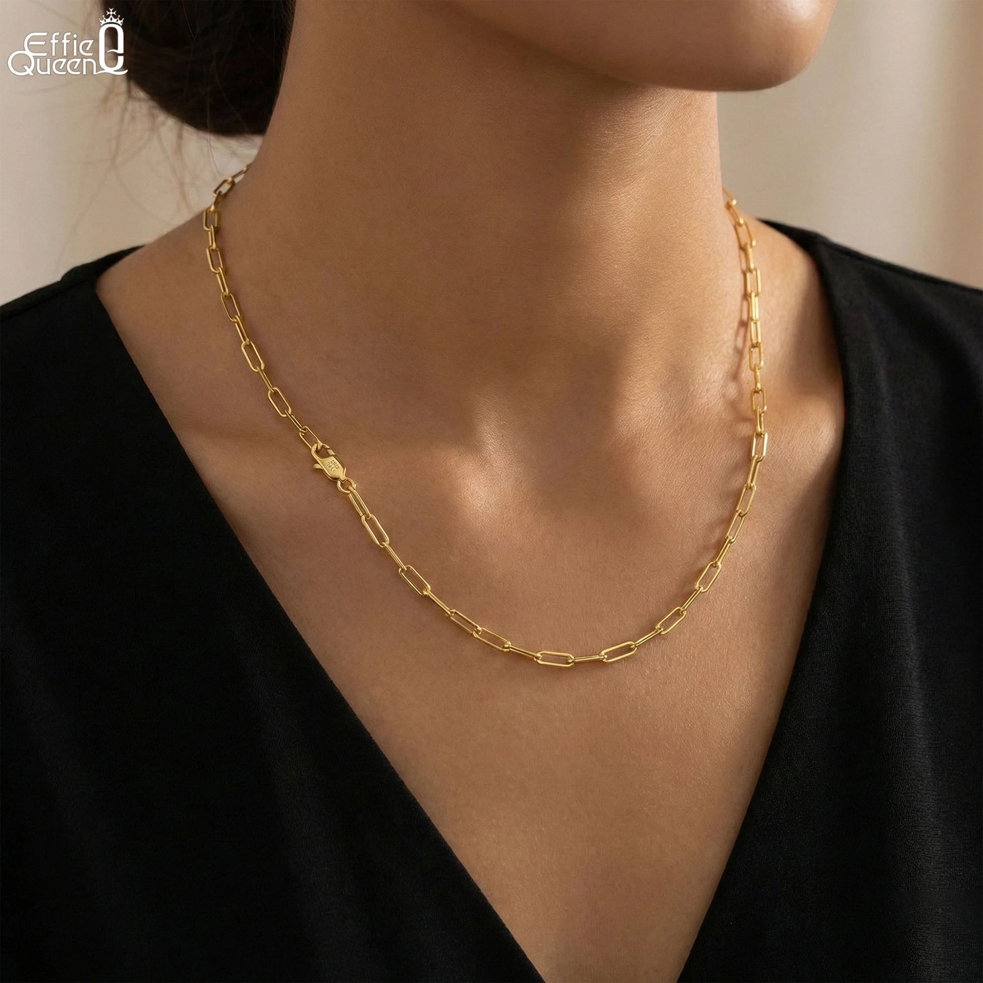 

Effie Queen 925 Pure Silver 14k Gold Paperclip Chain Choker Necklace Simple Jewelry for Women, Men Banquet Party Birthdays SC39