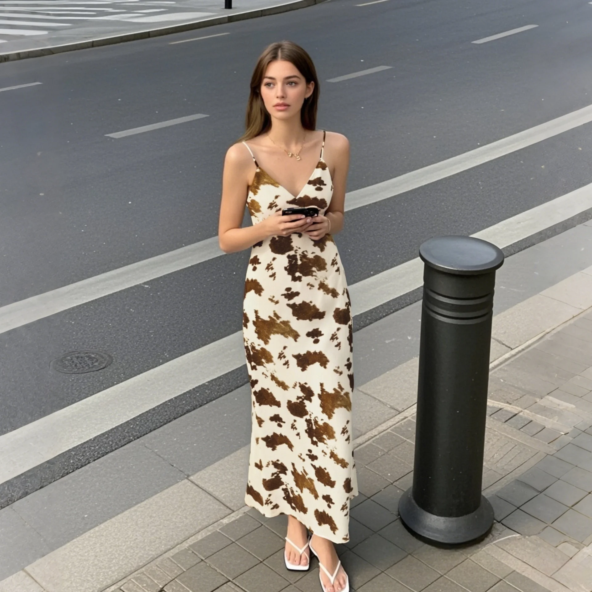 

2025 New Arrival Women's Spaghetti Strap Slip Dress with Abstract Print Long Length for Summer Wardrobe