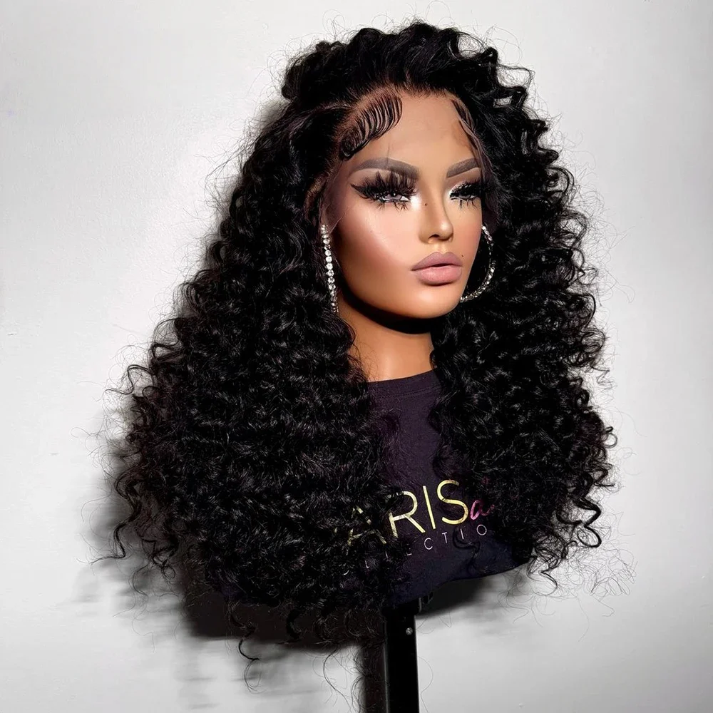 

Мягкий натуральный черный, 26 дюймов, плотность 180, бесклеевой длинный курчавый вьющийся парик спереди для женщин, детские волосы, термостойкие, предварительно выщипанные, ежедневно