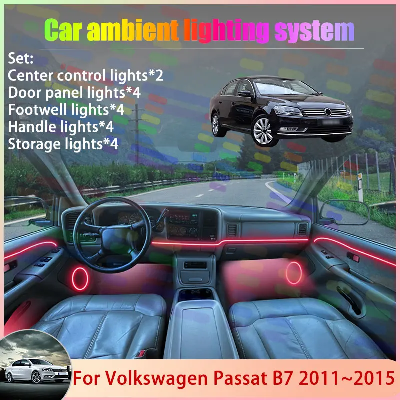 

Для Volkswagen Passat B7 2011-2015 (2012, 2013) — Комплект атмосферной RGB-подсветки салона 2/24 в 1, набор ламп-стримеров для создания атмосферы