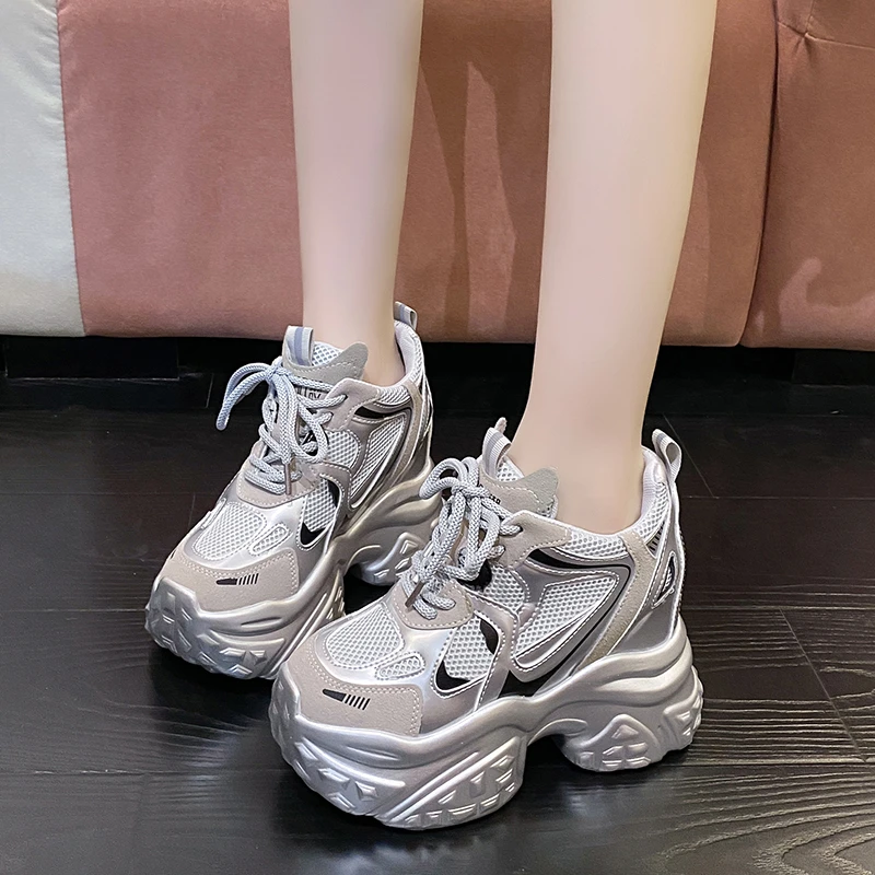 New Autumn Breathable Women Casual Shoes Fashion High Heels Women Wedges Mesh Sneakers 10CM Thick Soles Trainers Platform Shoes