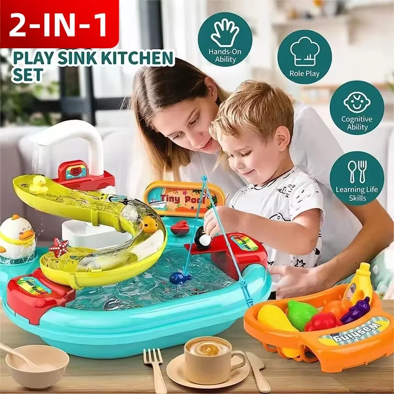 

New Kids Kitchen Sink Fishing Toys Simulation Electric Dishwasher With Running Water Pretend Play Role Playing Game Girl Boy Toy