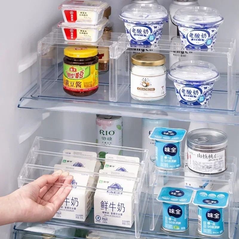 رف تخزين الثلاجة، منظمات الثلاجة، أرفف فاصلة ذات طبقات، حامل سطح مكتب شفاف، توفر مساحة، ملحقات المطبخ