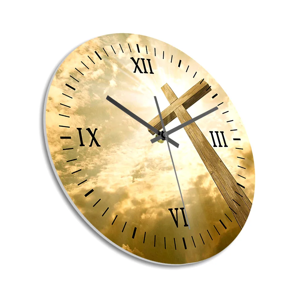 Christian Cross Wall Clock for Church Chapel Christian Home Religious Wooden Cross with Sunlit Sky Faith Based Decorative Clock